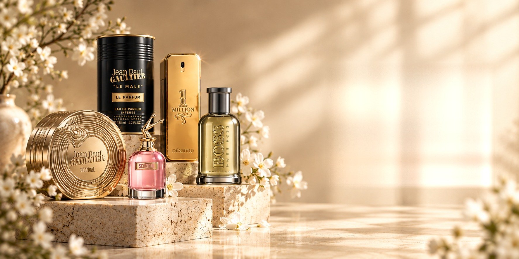 Jean Paul Gaultier Le Male et Scandal, Rabanne 1 Million et BOSS Bottled sur des présentoirs en pierre claire, fleurs blanches, lumière chaude